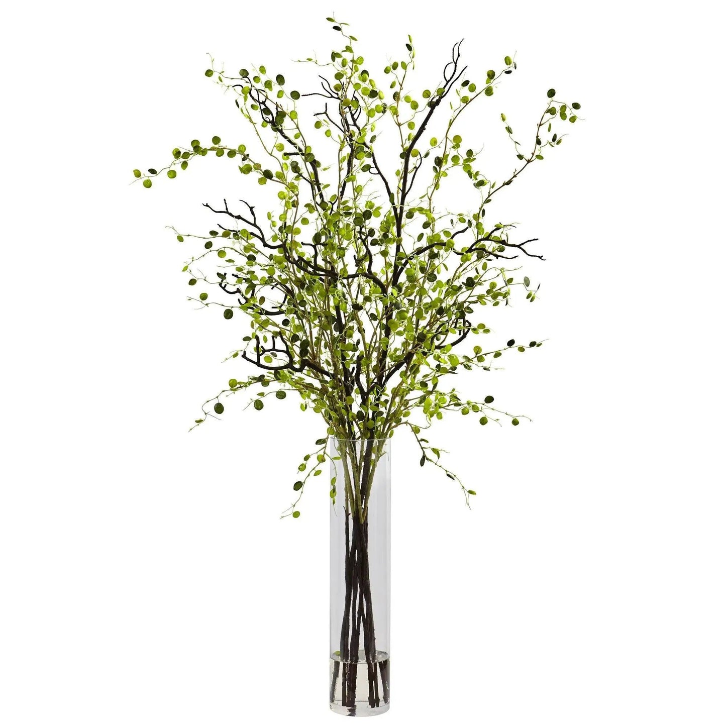 Night Willow Arrangement by Nearly Natural in clear vase with dark stems and green leaves on Tampa Home & Garden Store