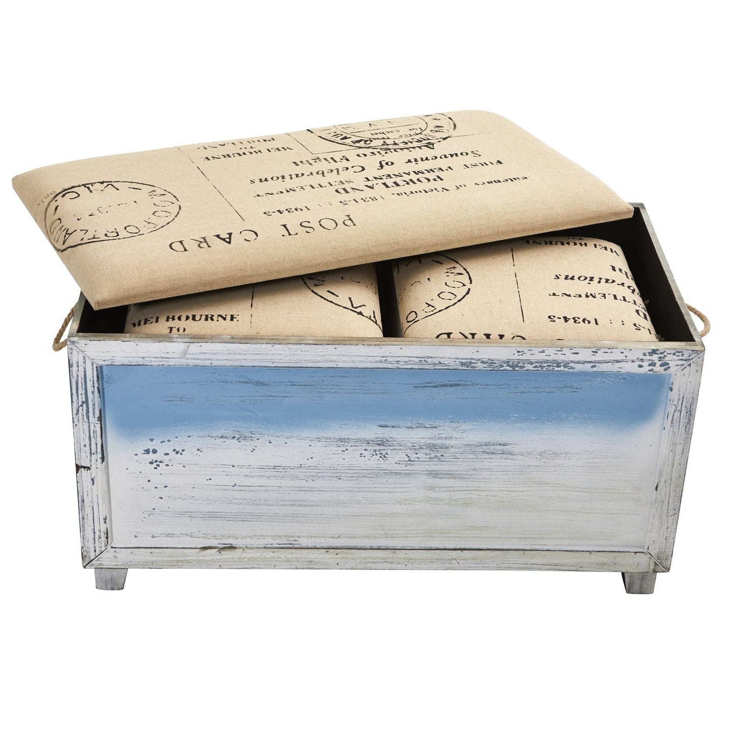 Ocean Breeze Storage Boxes Bench Set of 3, blue distressed wooden bench with parchment-styled lids on Tampa Home & Garden Store