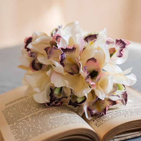 Artificial silk orchid bouquet, small cymbidium in white with purple-edged petals, RusticReach on Tampa Home & Garden Store