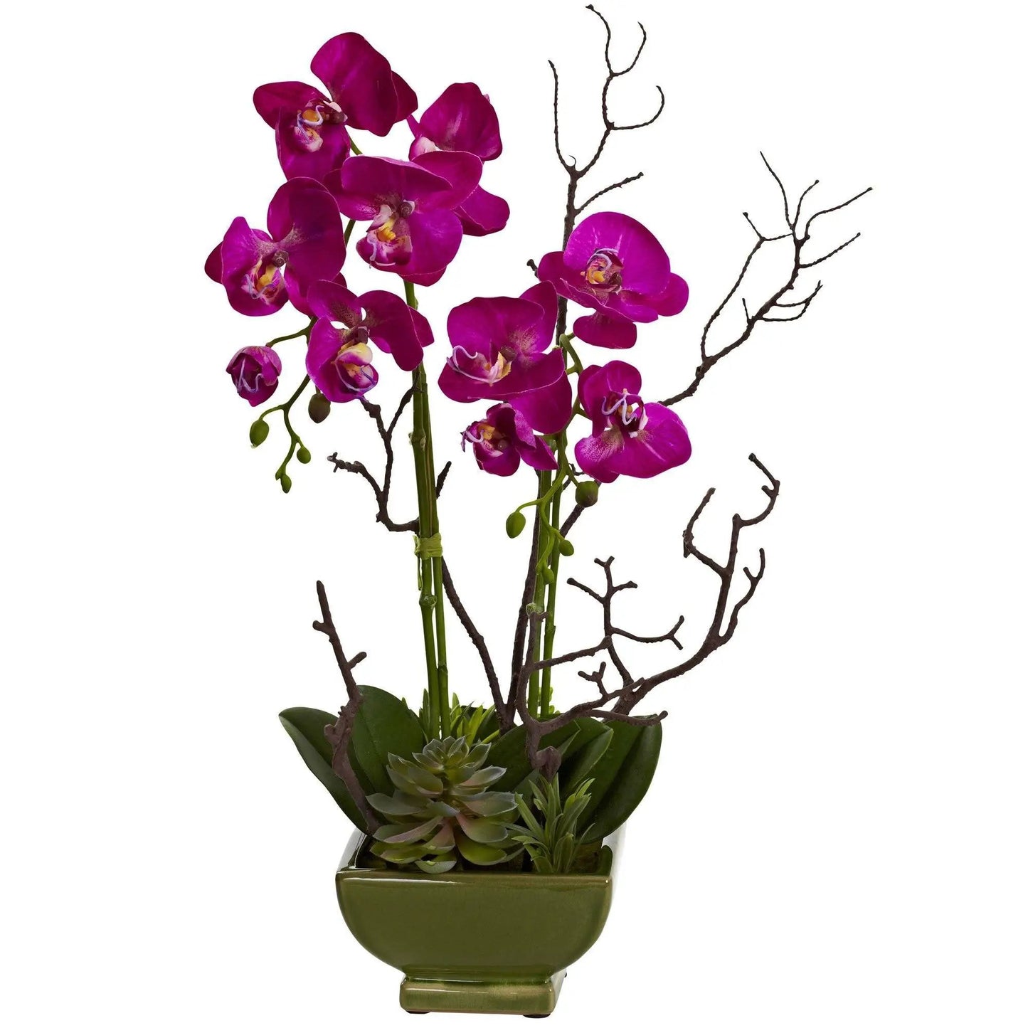 Artificial orchid and succulent arrangement with magenta orchids and dark branches in a planter on Tampa Home & Garden Store