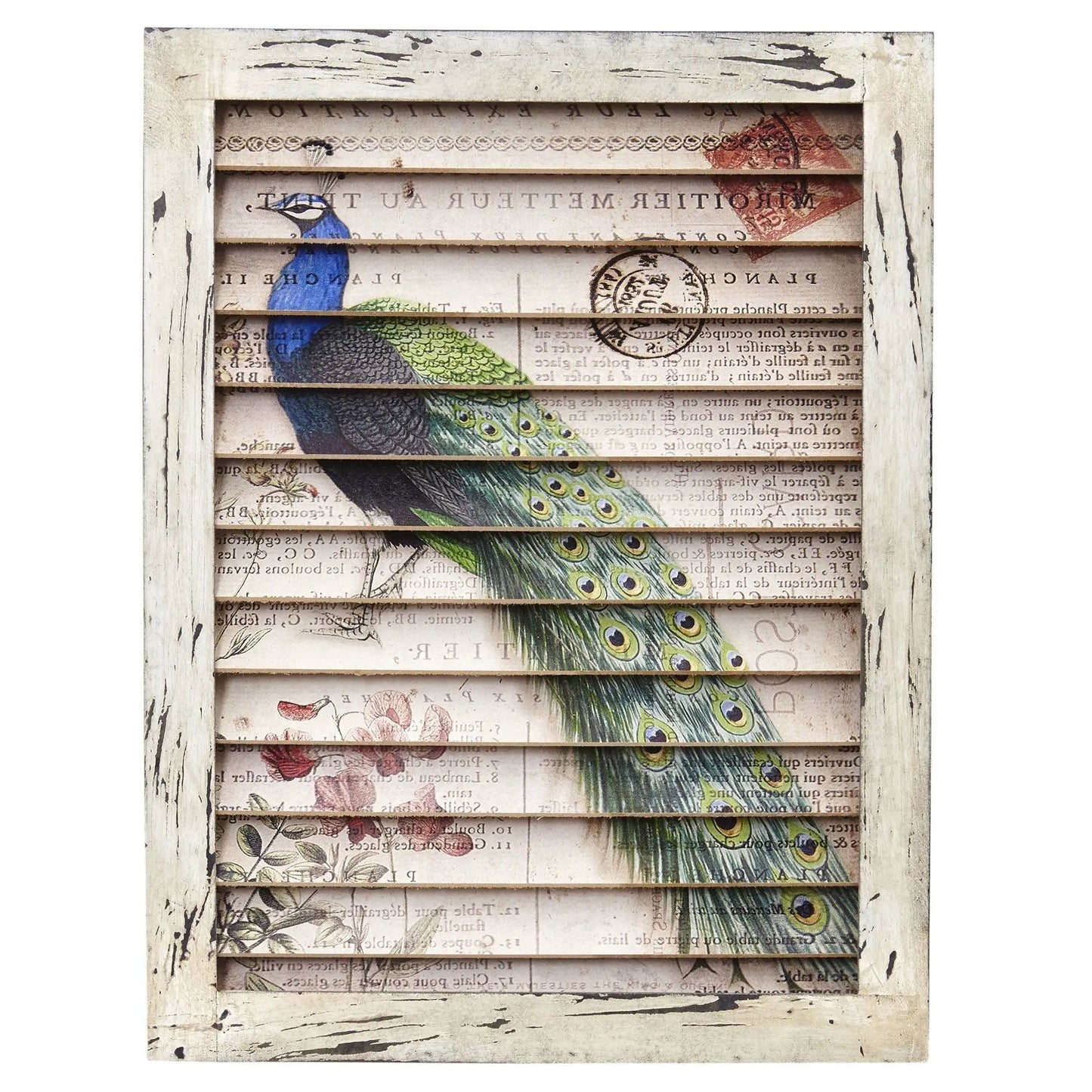 Peacock Window Shutter Wall Decor with vintage newspaper print and colorful peacock feathers on Tampa Home & Garden Store