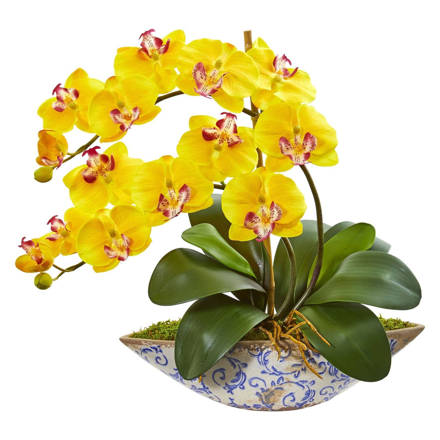 Silk Phalaenopsis Orchid arrangement with yellow blooms in a blue ceramic vase by Nearly Natural on Tampa Home & Garden Store