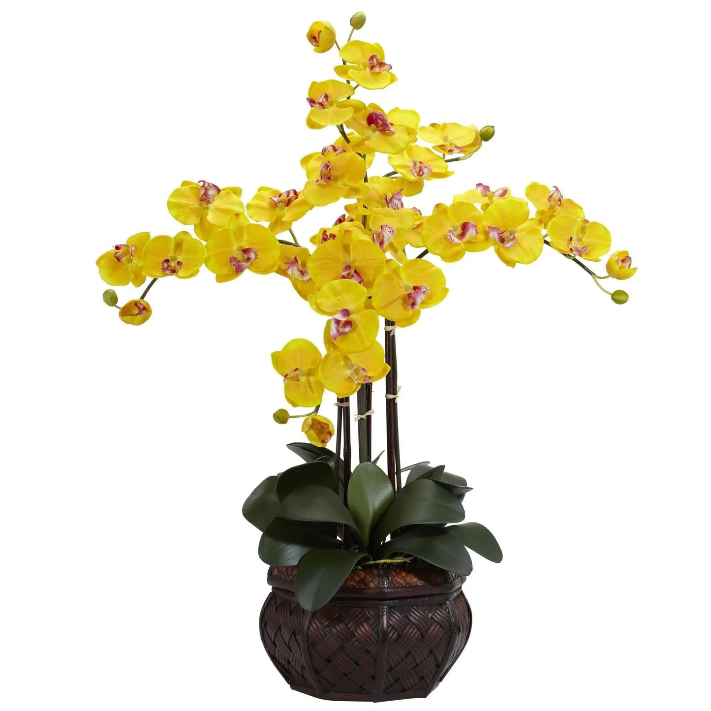 Phalaenopsis yellow silk flower arrangement in vase by Nearly Natural in woven basket on Tampa Home & Garden Store
