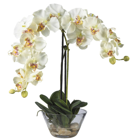 Phalaenopsis silk flower arrangement in glass vase, Nearly Natural white orchids with leaves on Tampa Home & Garden Store