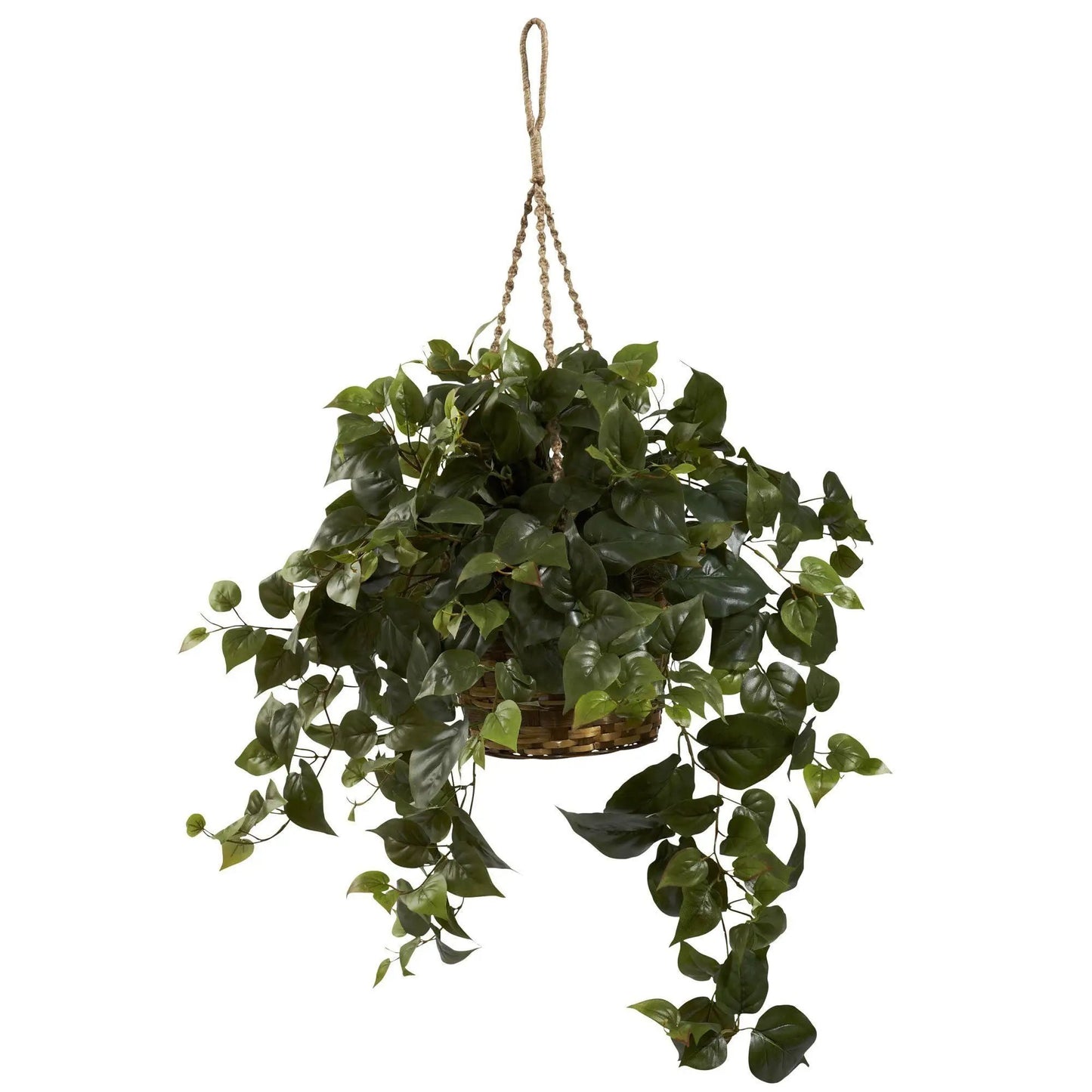 Philo hanging basket silk plant Nearly Natural with dark green leaves in a wicker basket on Tampa Home & Garden Store