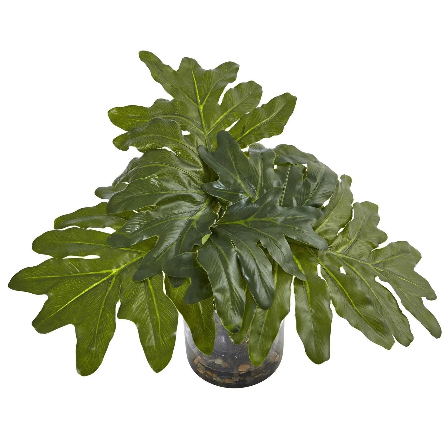 Stately Philodendron arrangement in glass vase with pebbles, artificial plant on Tampa Home & Garden Store
