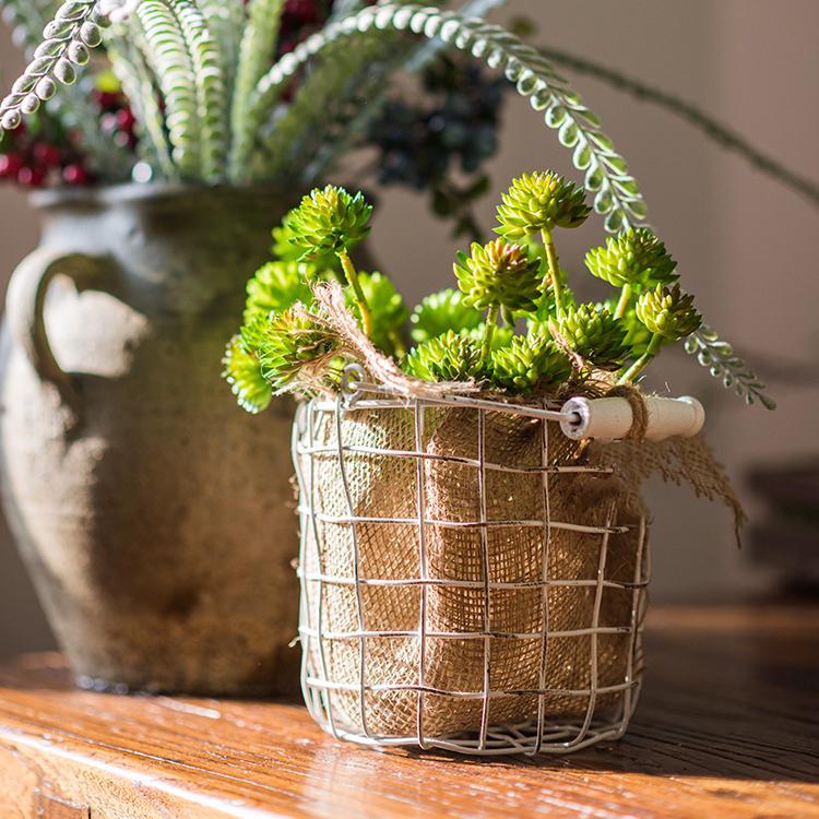 RusticReach green faux succulent stems in a white wire basket with burlap liner 13 inch tall on Tampa Home & Garden Store