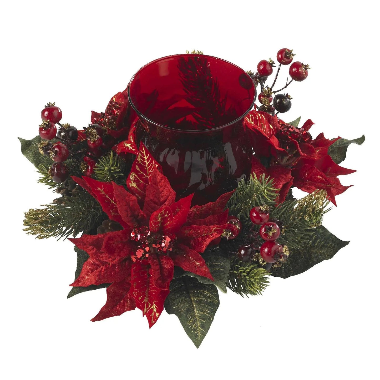 Nearly Natural Poinsettia and Berry Candelabrum with red glass vase and berry clusters on Tampa Home & Garden Store