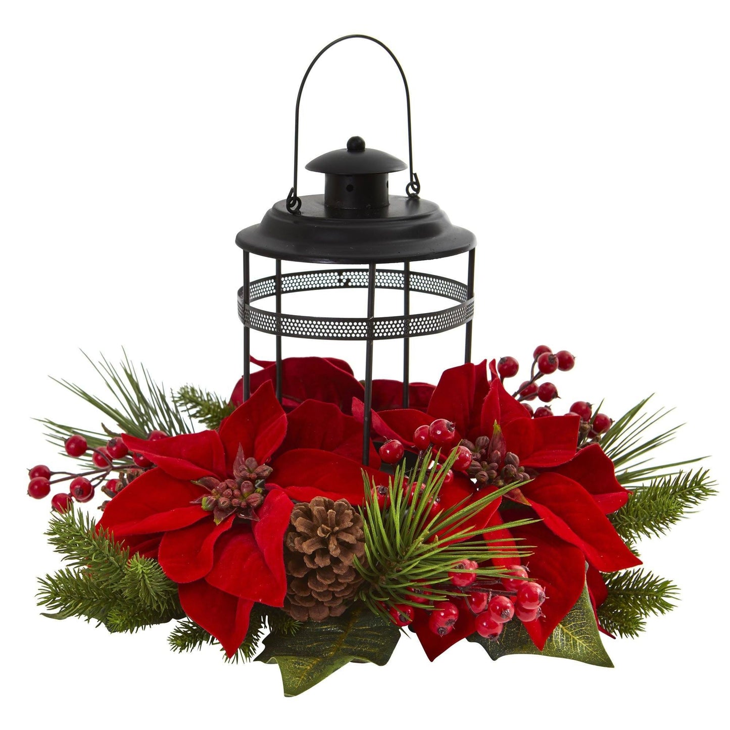 Poinsettia Berry Pine artificial arrangement on black metal candelabrum with red berries on Tampa Home & Garden Store