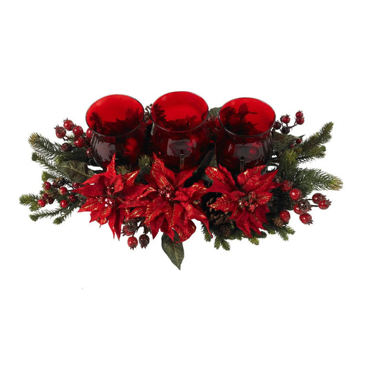 Poinsettia and Berry Triple Candle Holder with red glass cups and festive evergreen accents on Tampa Home & Garden Store