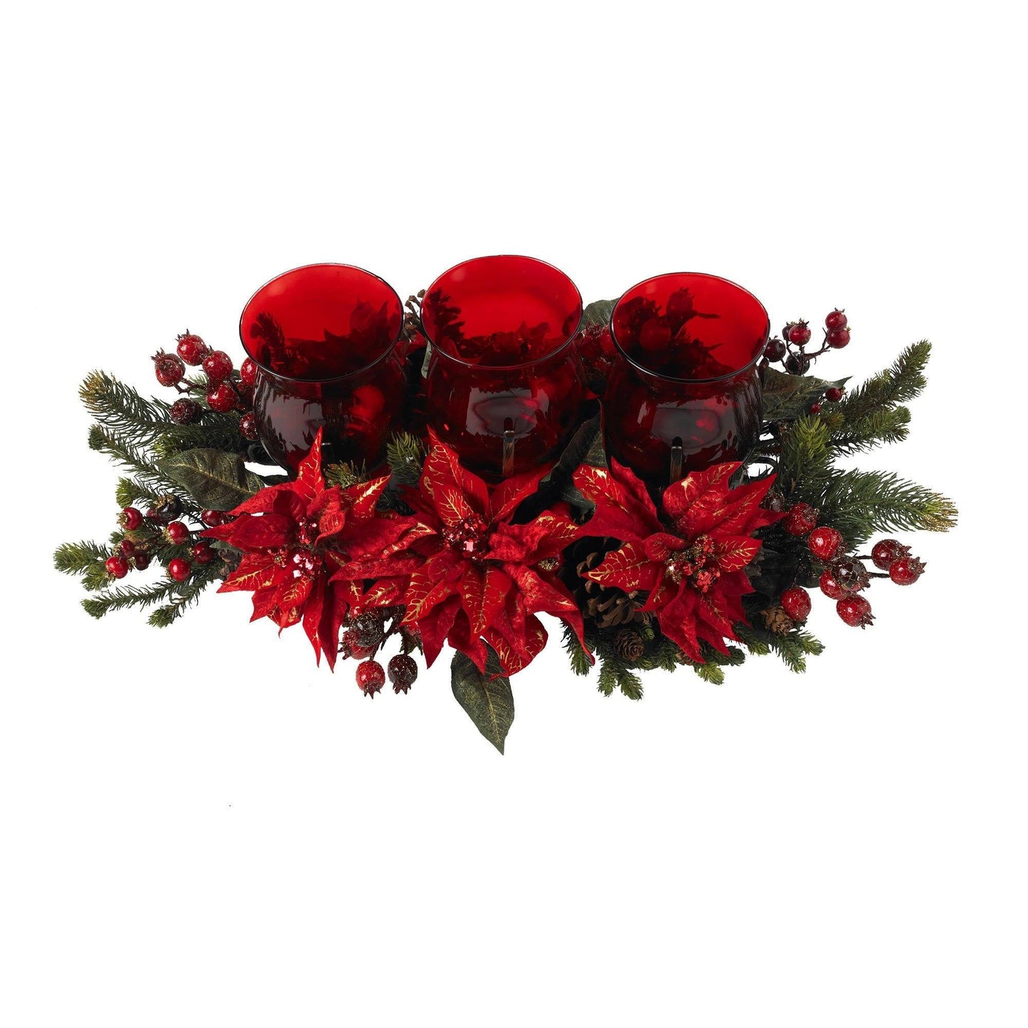 Poinsettia and Berry Triple Candle Holder with red glass cups and festive evergreen accents on Tampa Home & Garden Store