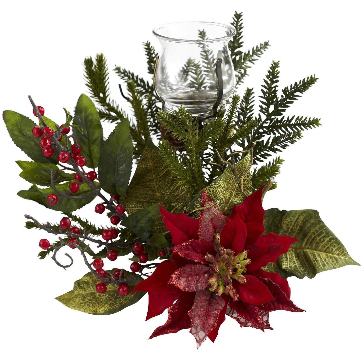 Poinsettia candle holder with pine in clear glass hurricane, red berries and evergreens on Tampa Home & Garden Store