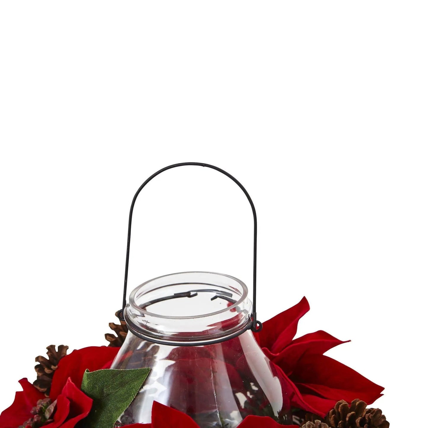 Nearly Natural Poinsettia Pine and Pine Cone Candelabrum with red petals and glass hurricane on Tampa Home & Garden Store