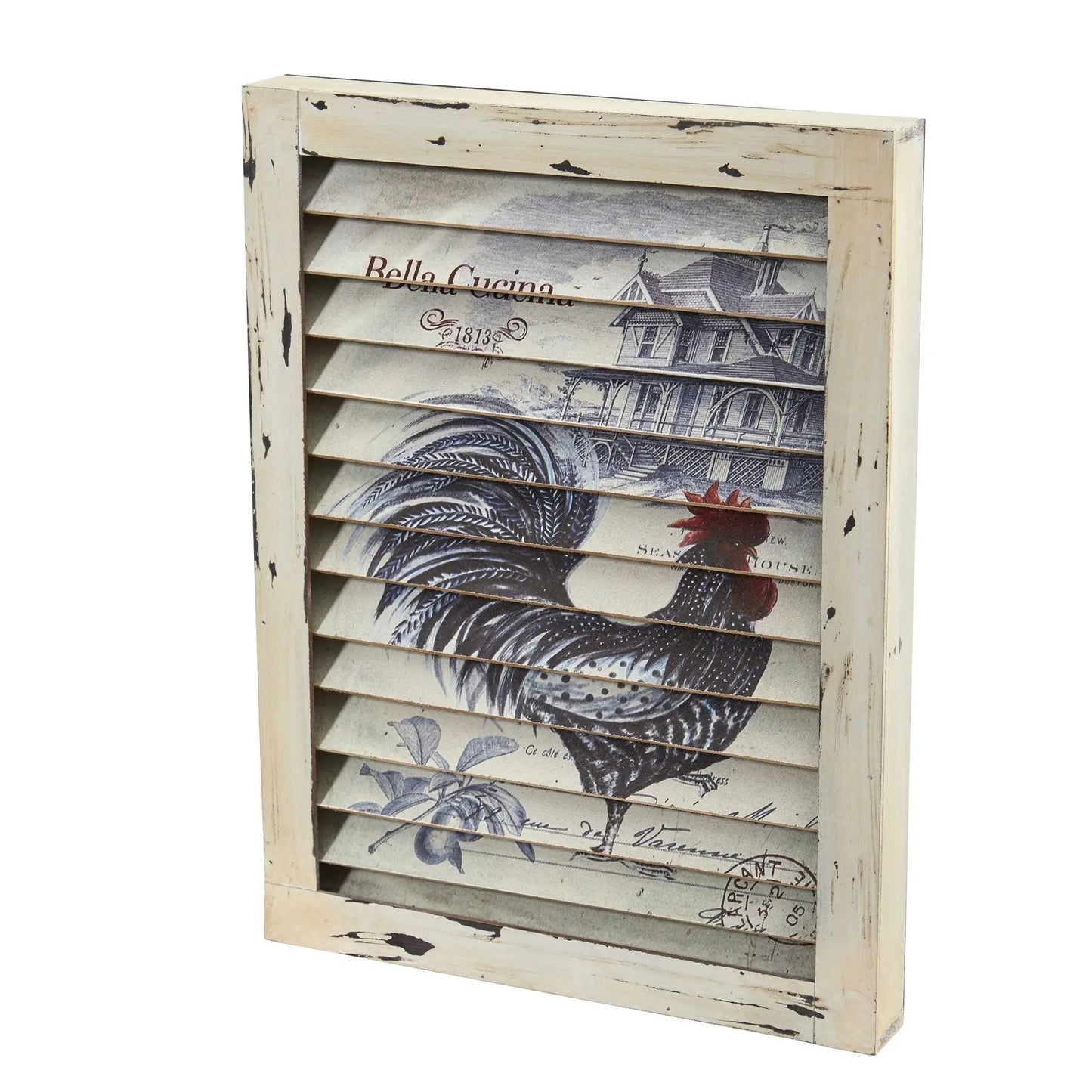 Rooster Window Shutter Wall Decor featuring distressed whitewashed wood with kitchen prints on Tampa Home & Garden Store