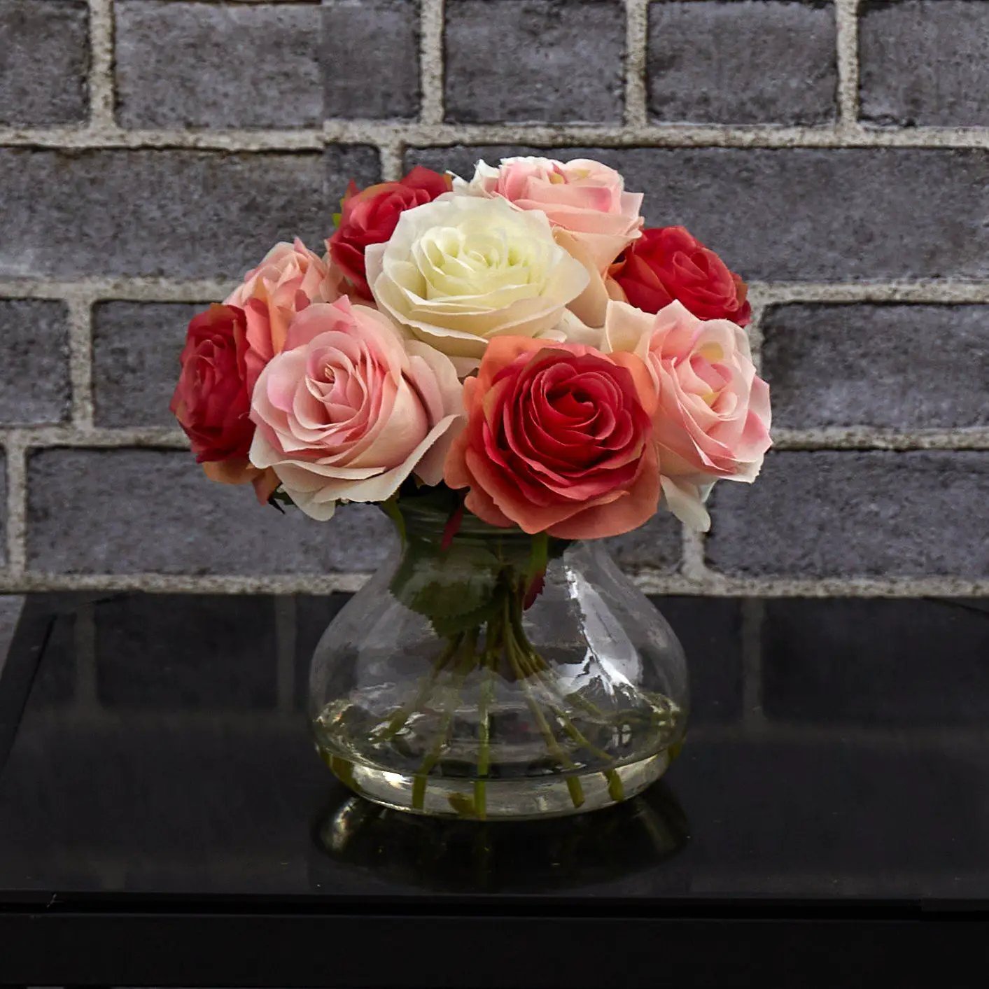 Rose arrangement in glass vase with pink peach white and red Nearly Natural roses for home decor on Tampa Home & Garden Store
