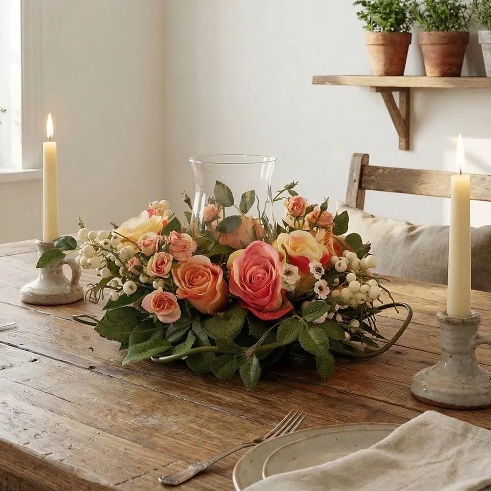 Rose Candelabrum Silk Centerpiece with peach roses and white berries around glass hurricane on Tampa Home & Garden Store