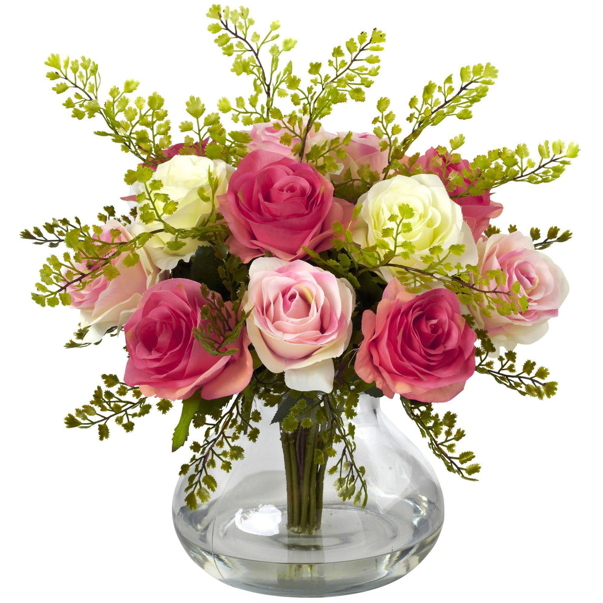 Rose & Maiden Hair Arrangement in Vase with pink and white roses and green maidenhair fern on Tampa Home & Garden Store