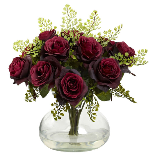 Rose & Maiden Hair arrangement by Nearly Natural in glass vase with burgundy roses on Tampa Home & Garden Store