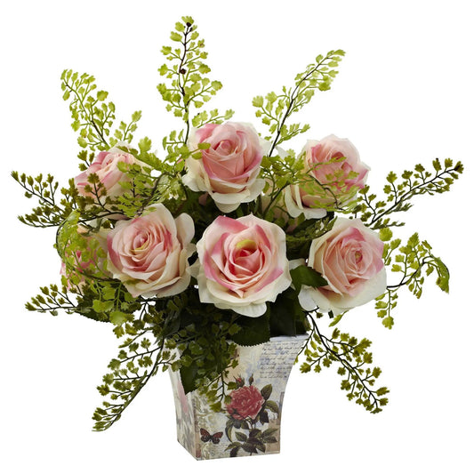 Rose and Maidenhair in floral planter with pink roses and ferns on Tampa Home & Garden Store