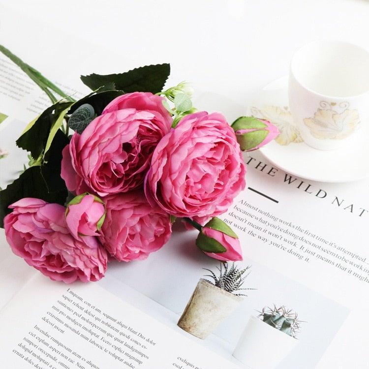 Artificial pink peony bouquet, silk petals with green leaves, Stevvex 5 stems on Tampa Home & Garden Store