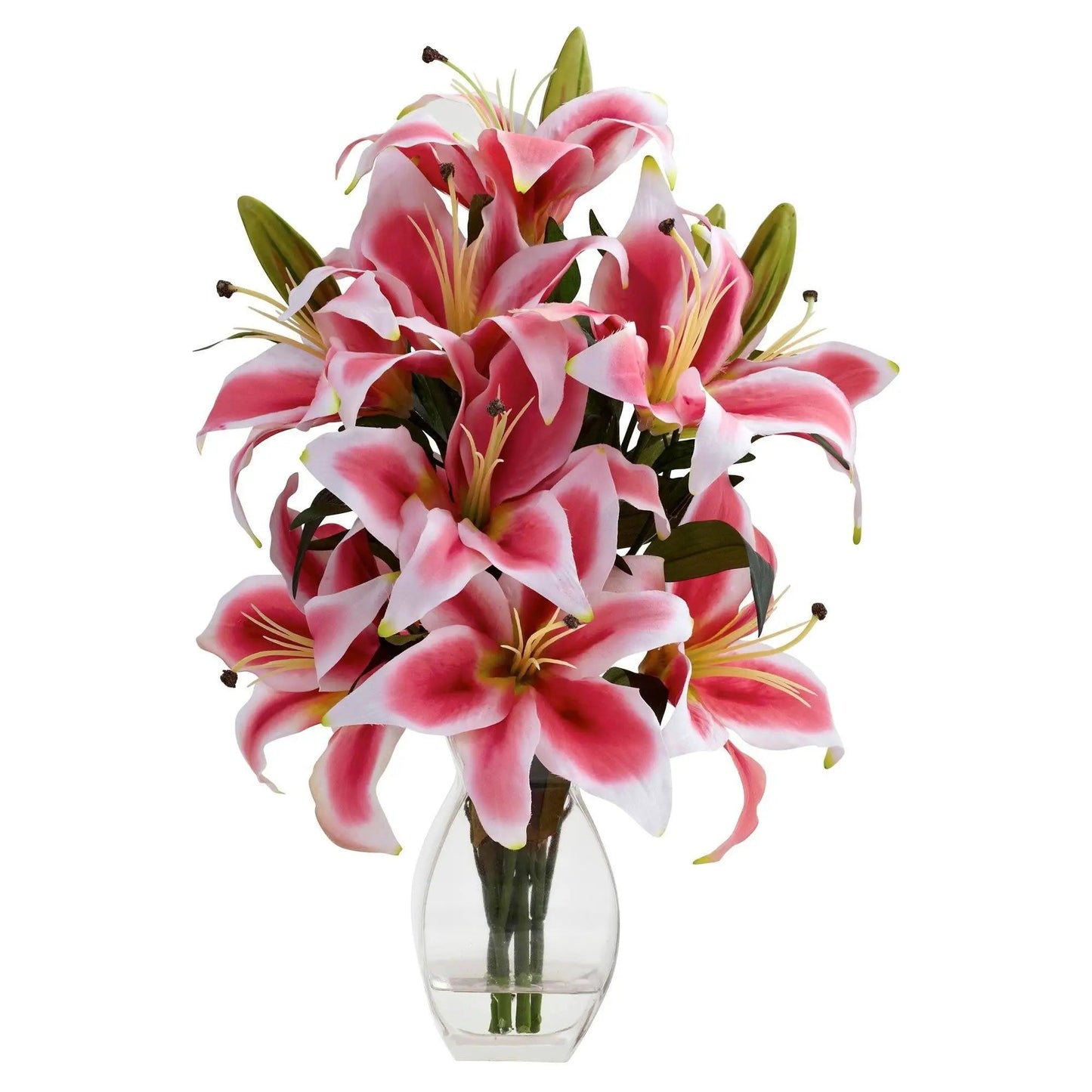 Rubrum Lily decorative centerpiece with pink-white blooms in clear vase by Nearly Natural on Tampa Home & Garden Store