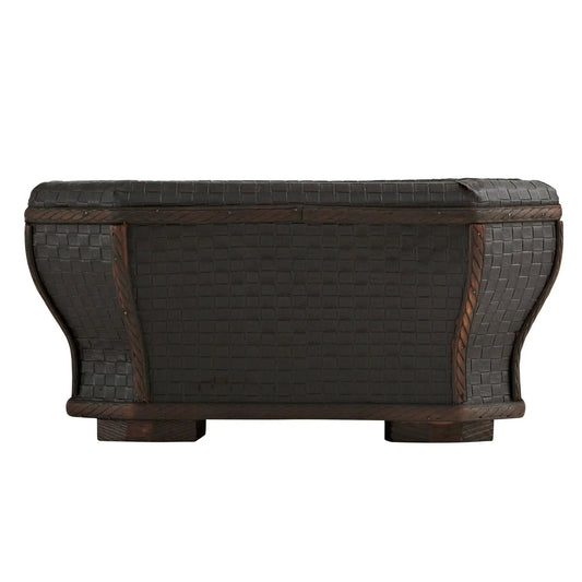 Stately Shapely Wood and Leather Planter in dark woven wicker with leather straps on Tampa Home & Garden Store