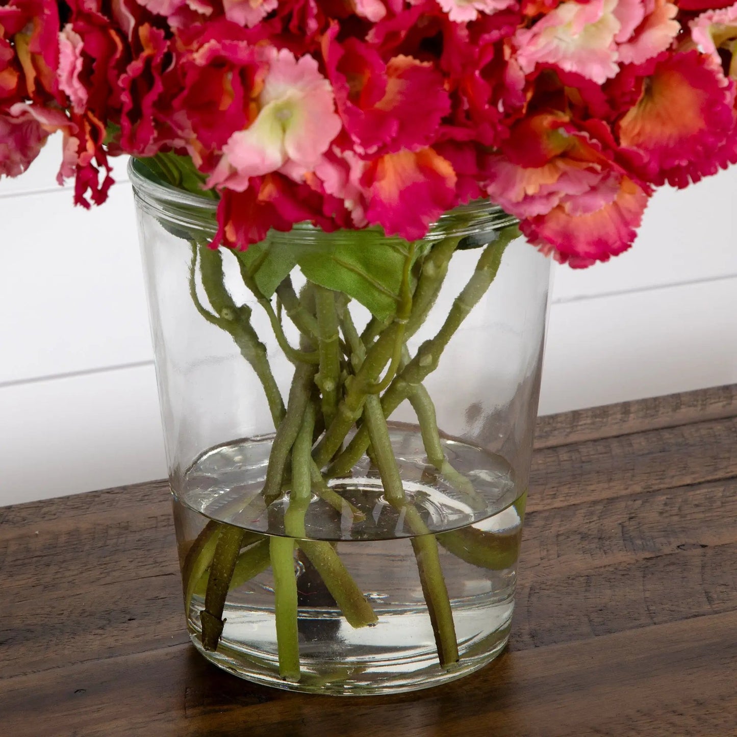 Signature Hydrangea Arrangement in Glass Vase with pink silk blooms on Tampa Home & Garden Store