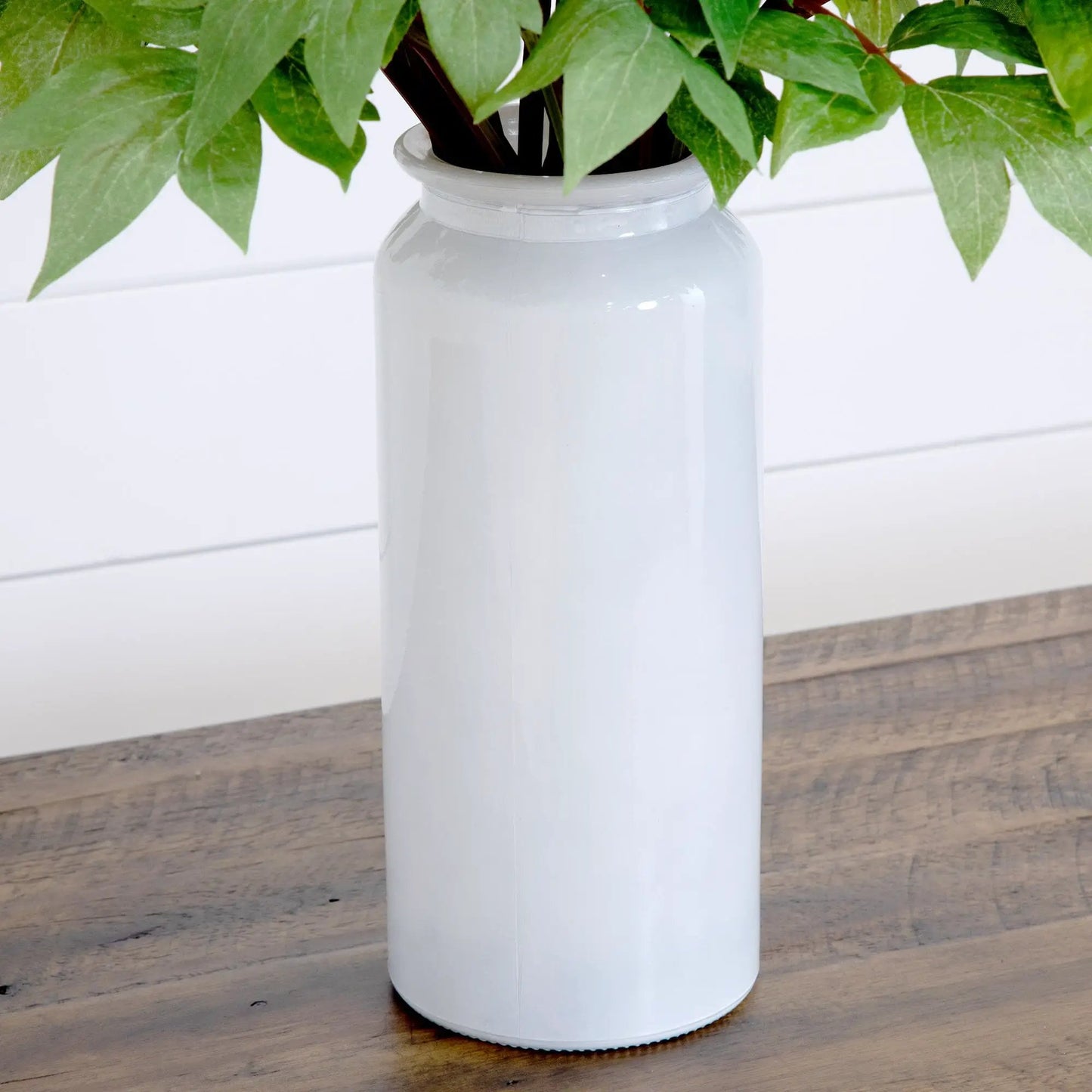Signature Peony Arrangement in White Vase artificial greenery with lush green leaves on Tampa Home & Garden Store