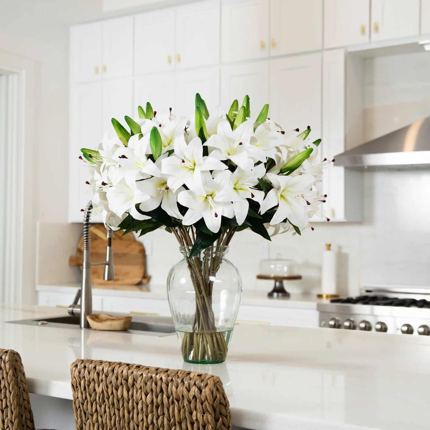 Signature Lily 29 Inch Artificial Arrangement in glass vase with white lilies, Nearly Natural on Tampa Home & Garden Store