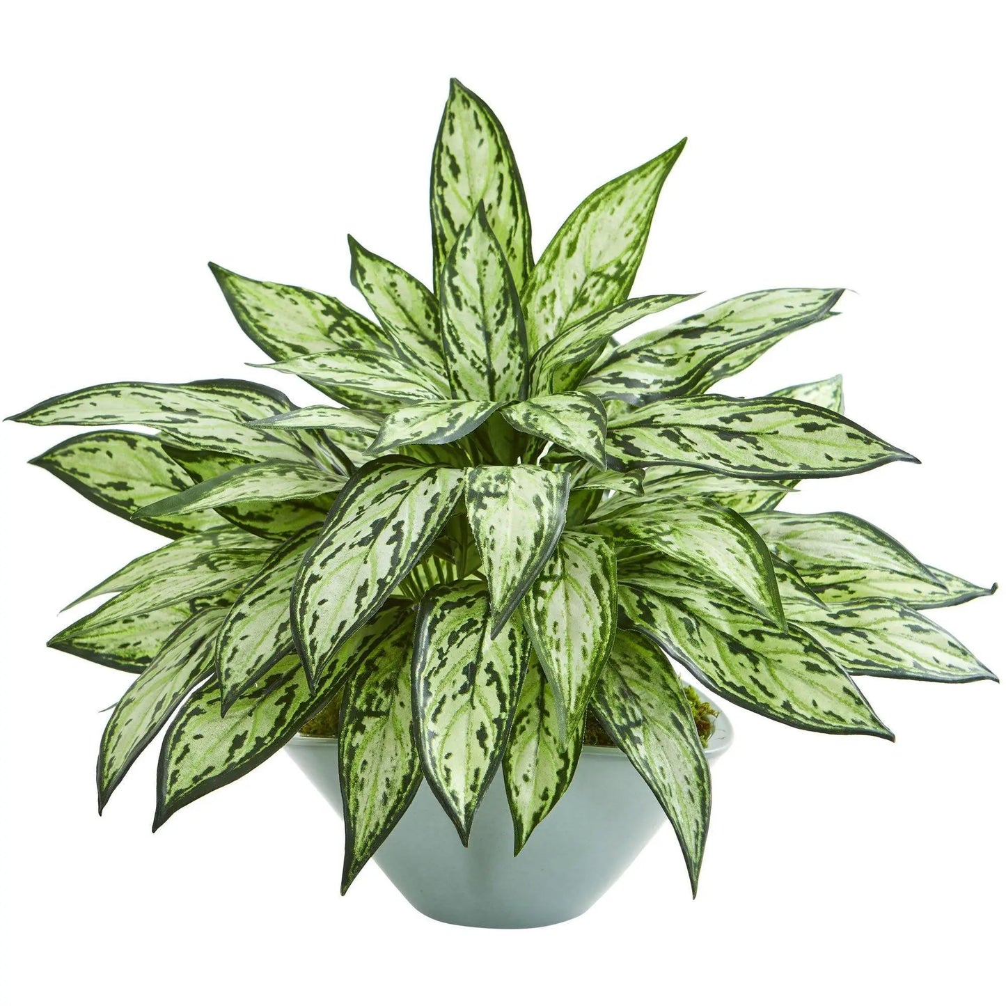 Silver Queen artificial plant with variegated green leaves in a green ceramic pot by Nearly Natural on Tampa Home & Garden Store