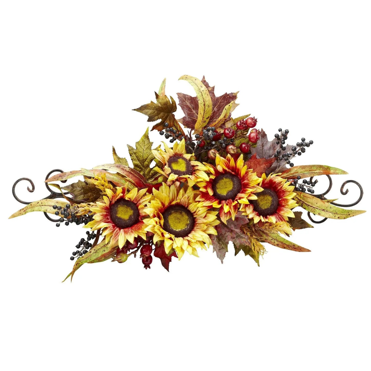 Nearly Natural Sunflower Swag with autumn leaves and berry accents on a metal scroll frame on Tampa Home & Garden Store
