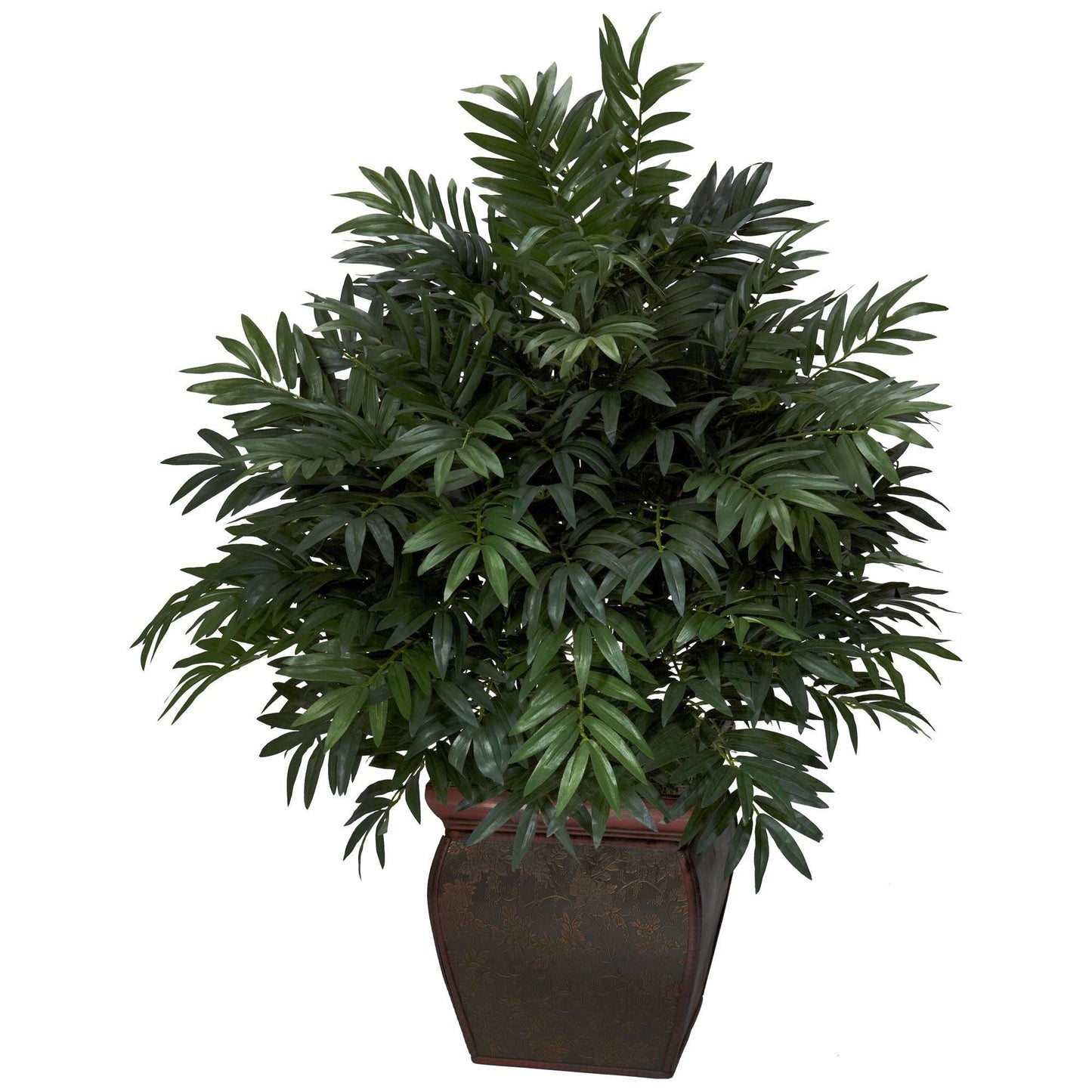 Triple Bamboo Palm with Planter by Nearly Natural, green artificial palm in brown vase on Tampa Home & Garden Store