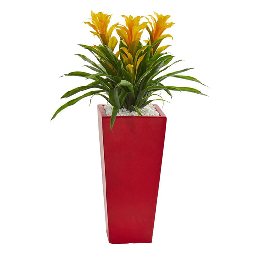 Triple artificial bromeliad plant in red planter with white pebbles Nearly Natural plant on Tampa Home & Garden Store
