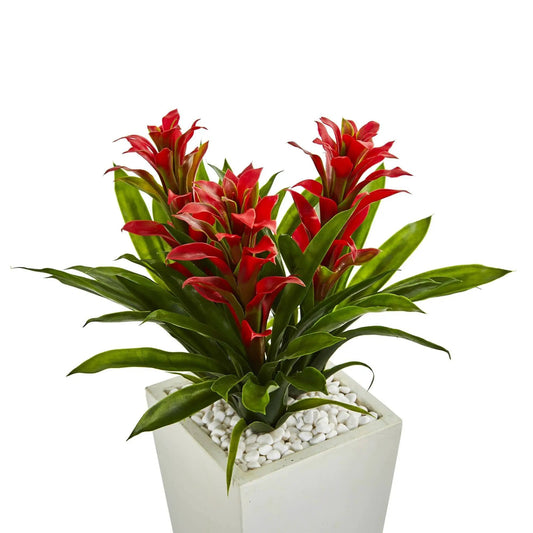 Triple Bromeliad Artificial Plant in White Tower Planter - Tampa Home & Garden Store
