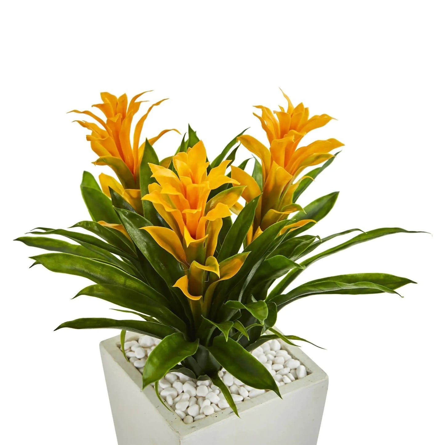 Artificial bromeliad with orange bracts and green leaves in a white planter with pebbles on Tampa Home & Garden Store