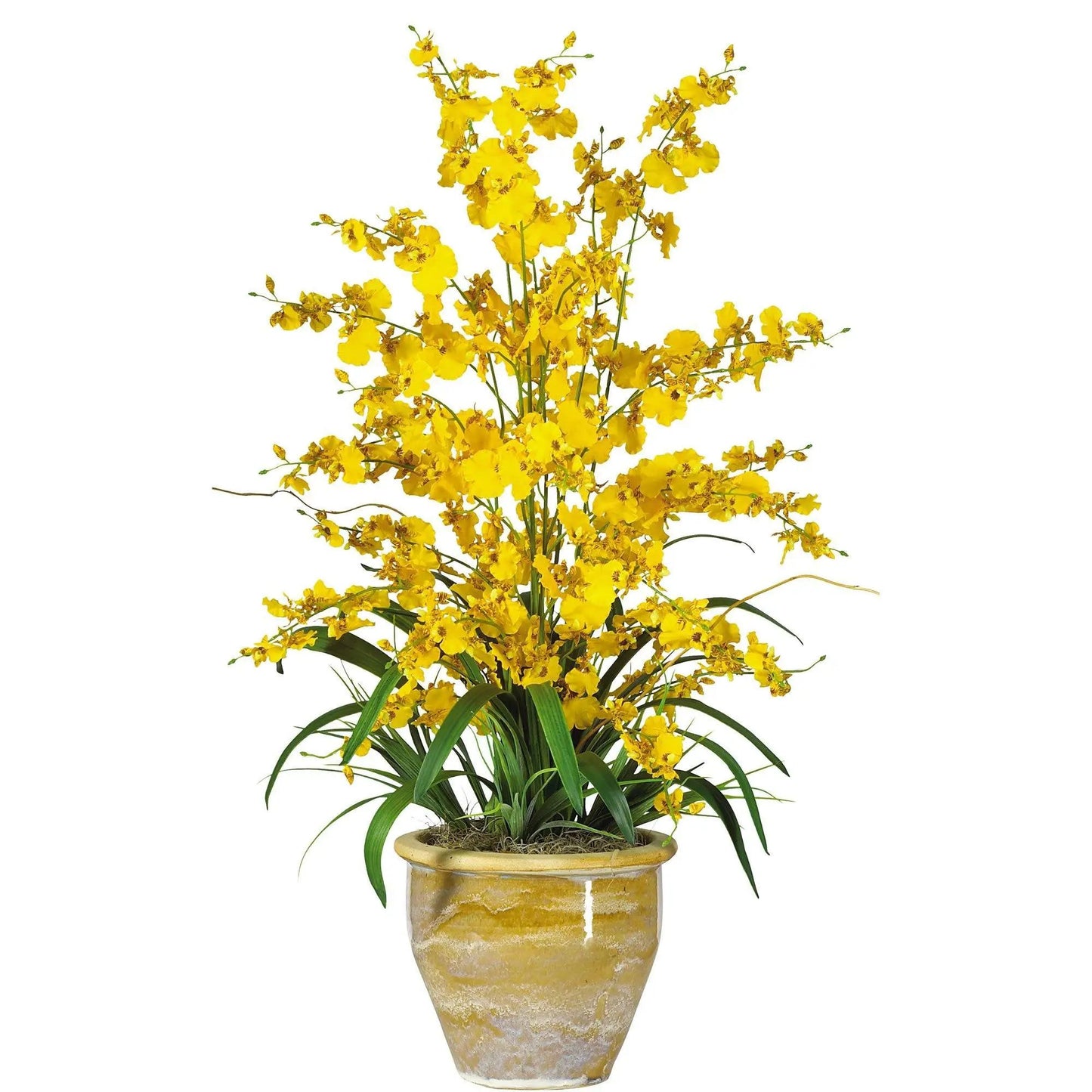 Triple Dancing Lady silk flower arrangement Nearly Natural yellow orchids in a pot on Tampa Home & Garden Store
