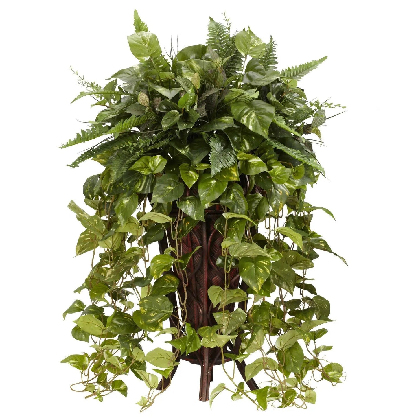 Vining Mixed Greens Silk Plant Stand Nearly Natural with cascading leaves in a wicker basket on Tampa Home & Garden Store