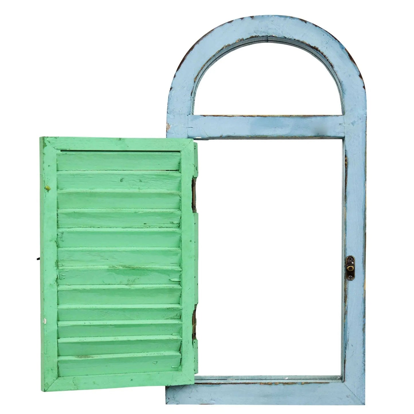 Vintage window shutter and mirror in cerulean blues, blue arched frame with green shutter on Tampa Home & Garden Store