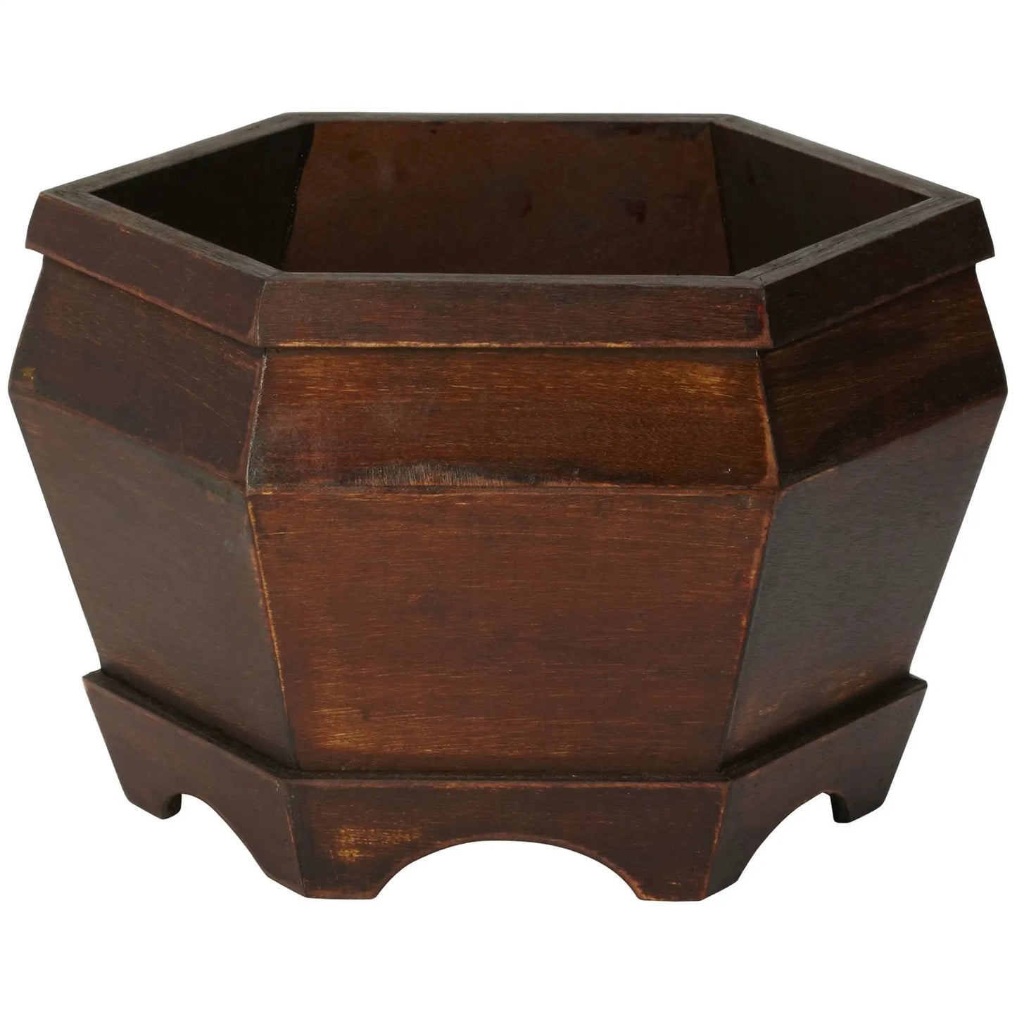 Wooden hexagon decorative planter set of 3 in dark brown wood with beveled sides on Tampa Home & Garden Store