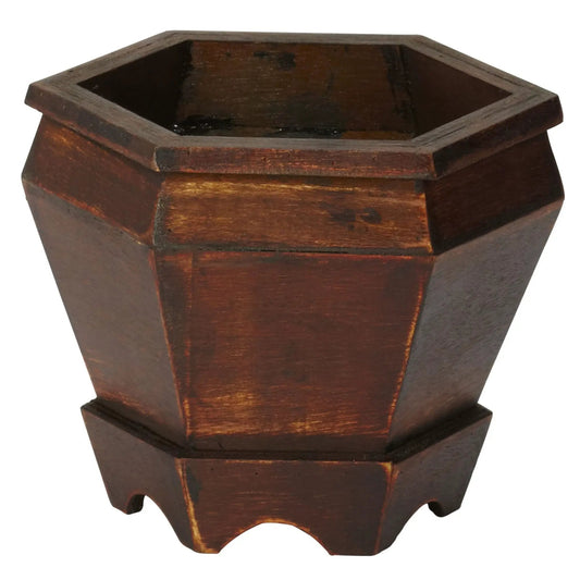 Wooden hexagon decorative planter in dark stain on Tampa Home & Garden Store
