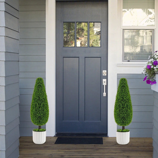 2-pack 3 ft artificial cedar teardrop bushes in white pots flanking a dark front door on Tampa Home & Garden Store