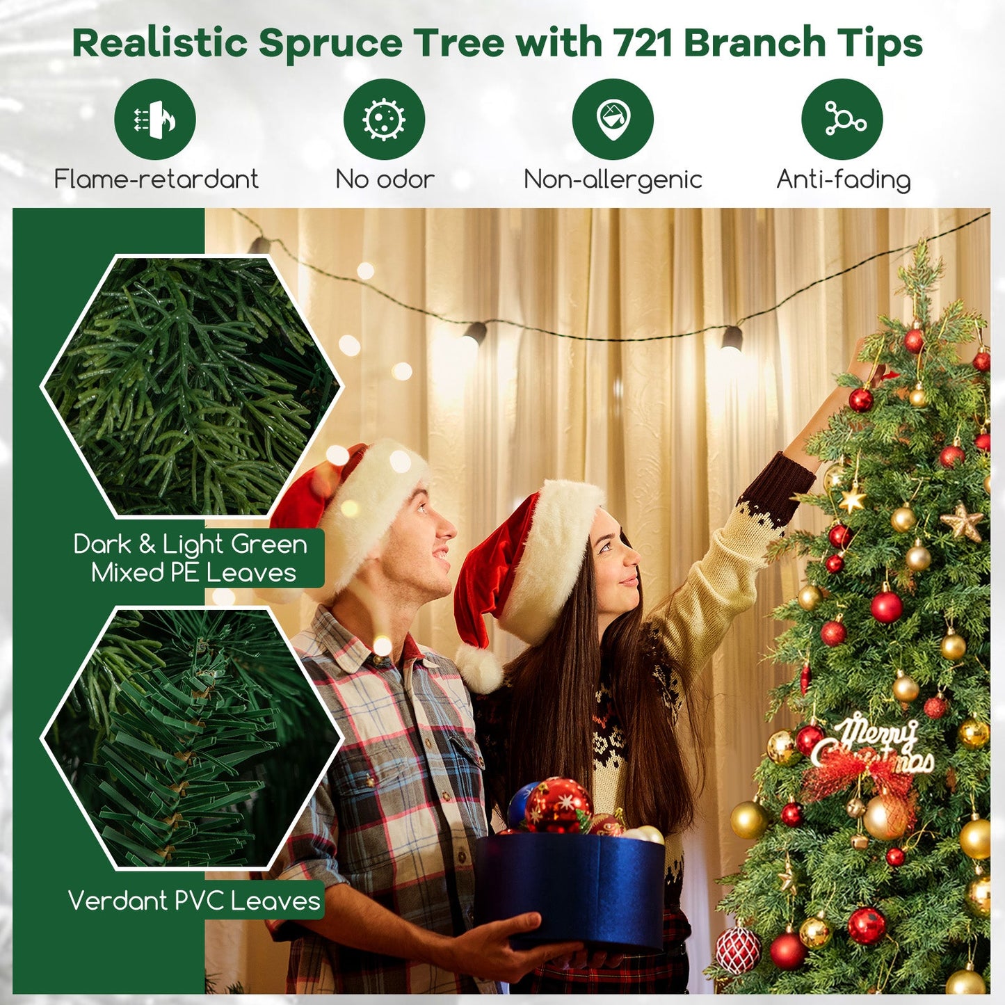 Artificial Christmas Tree Green Hinged Holiday Tree with 721/1019 Lush Branch Tips-6 ft
