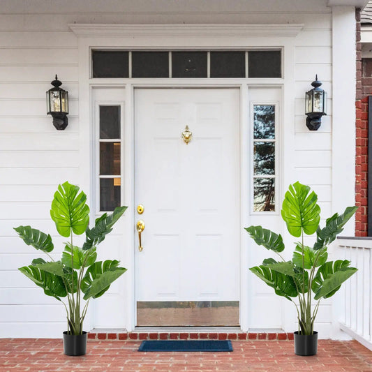 2 Pack Artificial Monstera Deliciosa Trees by DirectDeals in black pots with large leaves on Tampa Home & Garden Store