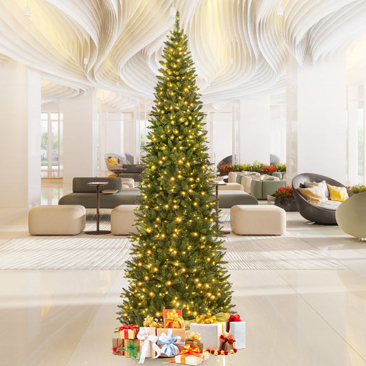 12 ft artificial Christmas tree with 800 warm white LEDs DirectDeals in lobby with gift boxes on Tampa Home & Garden Store