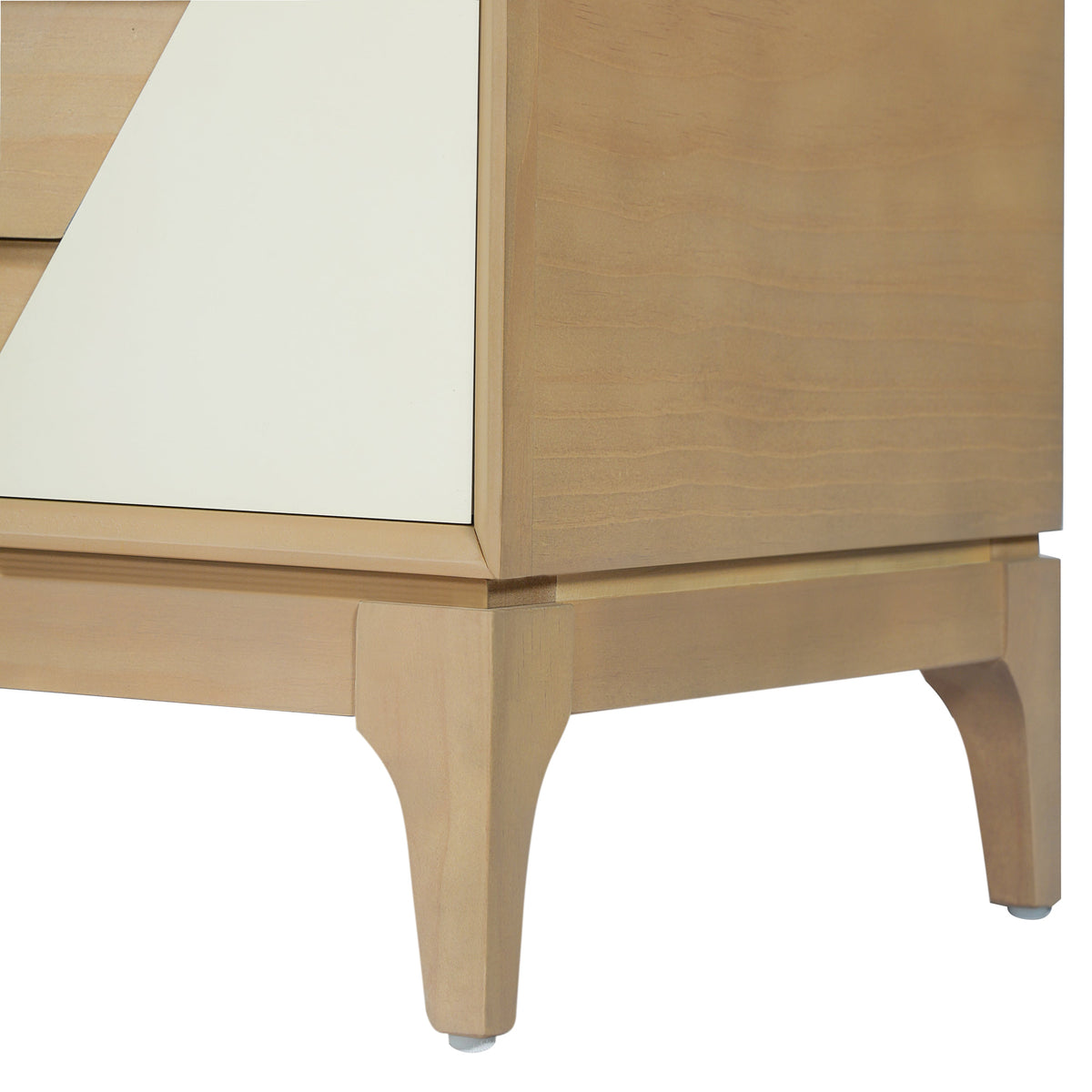 Two-drawer nightstand with white front and natural wood angled patchwork in Japandi style on Tampa Home & Garden Store