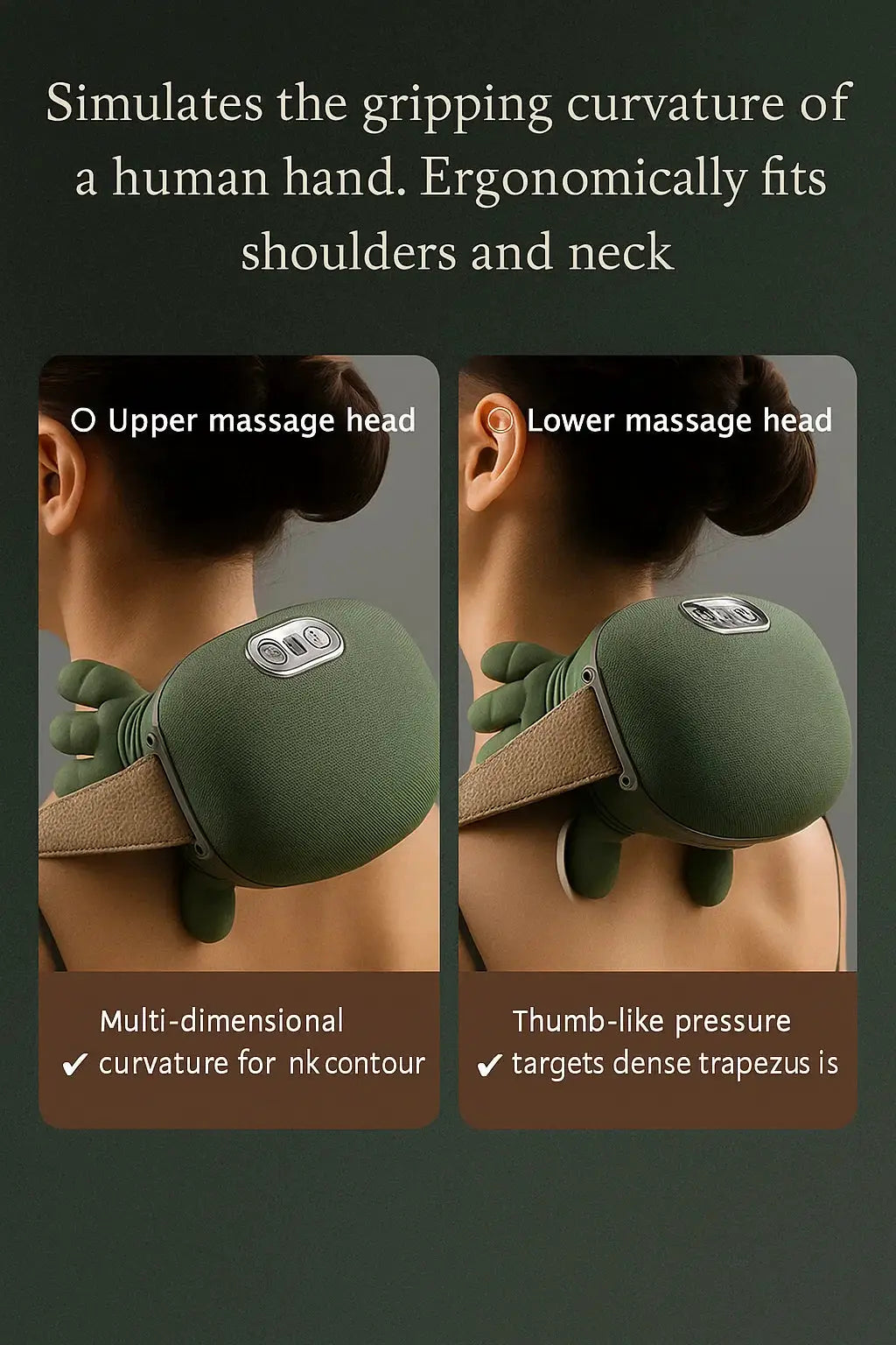 Heat Ease Neck and Shoulder Massager in green fabric with brown strap dual massage heads on Tampa Home & Garden Store