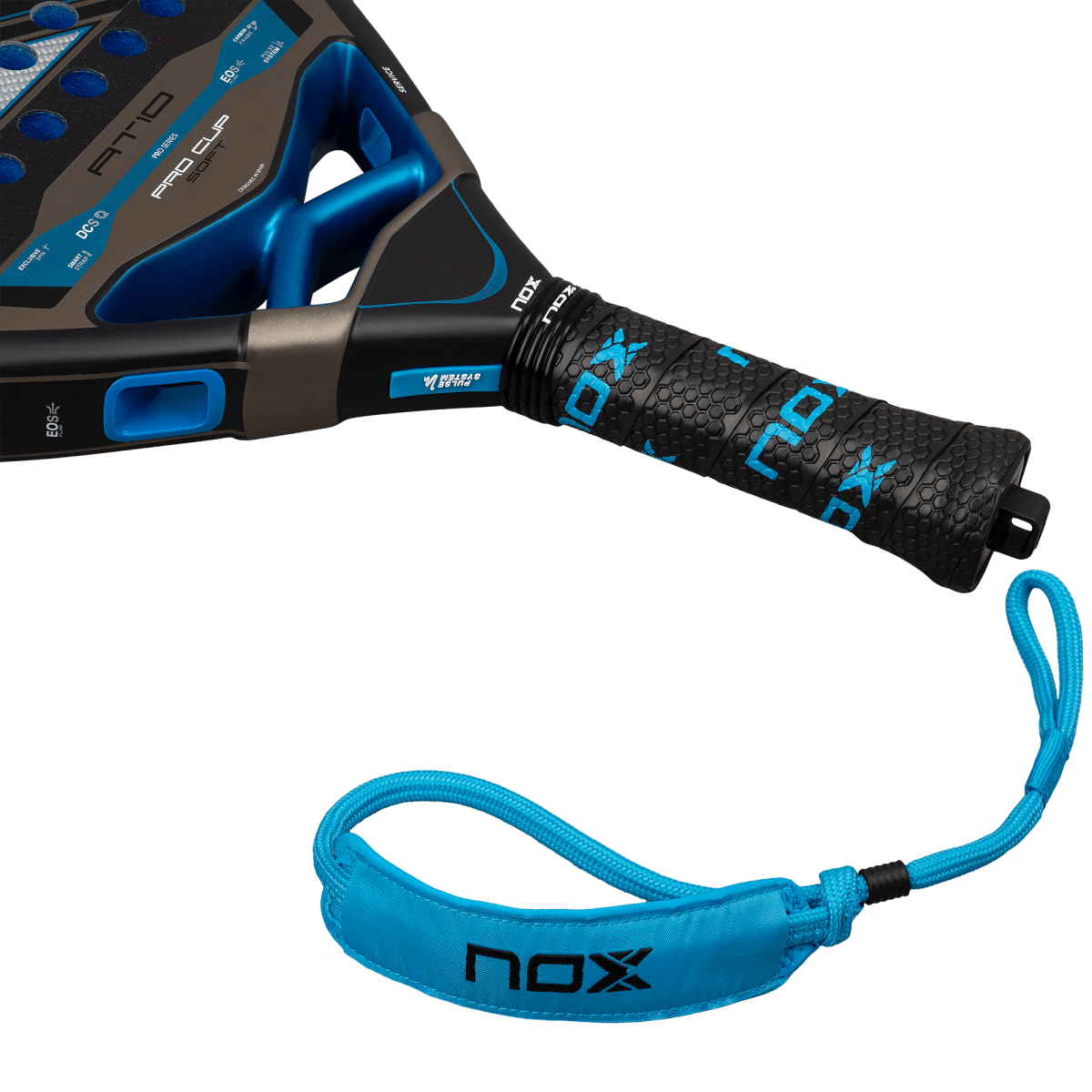 NOX AT10 Pro Cup Soft 2026 Padel Racket with blue grip accents and blue wrist strap on Tampa Home & Garden Store