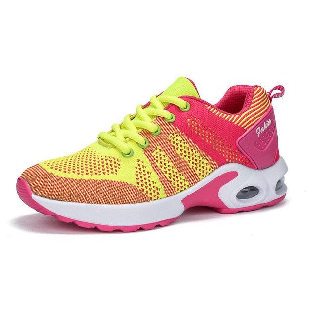Stevvex women's athletic sport platform sneakers neon yellow pink knit upper air cushion sole on Tampa Home & Garden Store