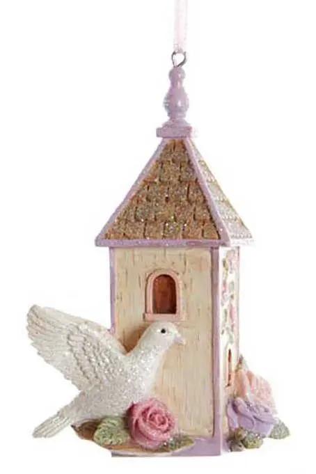 Flower Birdhouse with Dove Ornament, blush wood, glitter pink roof, hanging on Tampa Home & Garden Store