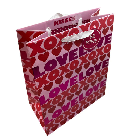Be Mine Valentine Gift Bag with pink XOXO hearts pattern, white ribbon handles, Be Mine tag on Tampa Home & Garden Store